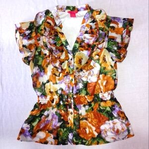 Sunny Leigh Ruffle Short Sleeve Shirt Button Front Floral Print Elastic Waist